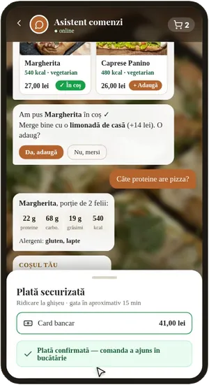 Sitequilt ordering chat on a phone: the assistant suggests products, answers a nutrition question and confirms payment.
