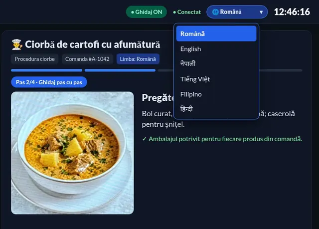 Language menu on the Sitequilt kitchen display offering Romanian, English, Nepali, Vietnamese, Filipino and Hindi.